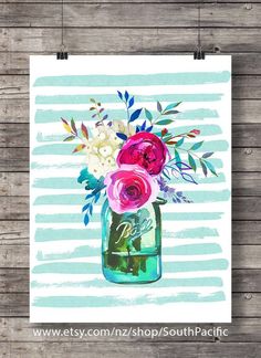 a watercolor painting of flowers in a mason jar on a striped background with the words be brave