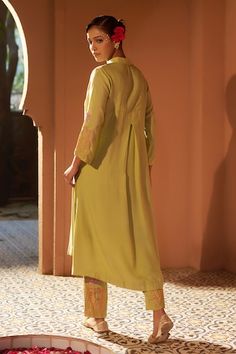 Olive green kurta with floral sequin and resham embroidery on the sleeves. Paired with a pant. - Aza Fashions Green Straight Kurta With Embroidered Sleeves, Green Embroidered Sleeve Straight Kurta, Resham Embroidery, Straight Kurta, Women Kurta, Band Collar, Pant Set, Set Women, Set For Women