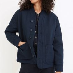 New With Tags Sold Out On Website Cozy Quilting Ribbed Cuffs Classic Cotton Quilted Jacket For Work, Button-up Quilted Jacket For Work With Pockets, Blue Everyday Outerwear With Patch Pockets, Everyday Blue Outerwear With Patch Pockets, Blue Outerwear With Patch Pockets For Everyday, Navy Cotton Outerwear With Button Cuffs, Classic Blue Outerwear For Layering, Indigo Outerwear For Work With Button Closure, Indigo Button-up Workwear Outerwear