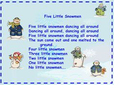 five little snowmen are dancing all around