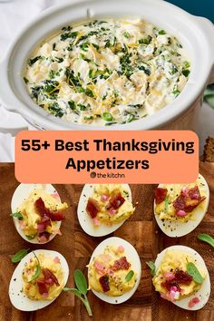 the best thanksgiving appetizers to serve at your next party, including deviled eggs with bacon and spinach