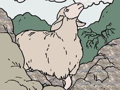 a drawing of a goat standing on top of a rock covered hillside with clouds in the sky