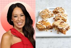 a woman in a red dress next to a white plate with pastries on it