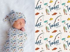 a baby sleeping on top of a white blanket next to a photo of a newborn