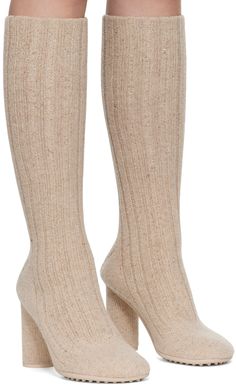 Mid-calf rib knit wool- and silk-blend boots in beige. · Covered block heel with rubber injection · Treaded bio-based rubber sole · Heel: H3.5 Supplier color: Dune melange Atom, Mid Calf, Bottega Veneta, Block Heels, Rib Knit, Rubber Sole, Top Brands, Textiles, Luxury Fashion