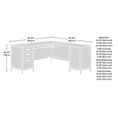 an image of a desk with measurements for the top and bottom section, including two drawers