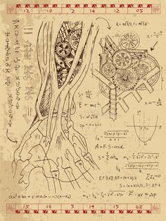 an old hand drawn diagram on paper with some writing and symbols in it royalty illustration