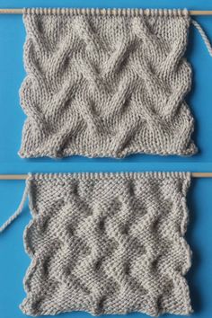 two knitted pieces of fabric sitting on top of a blue table next to each other