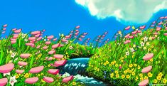 a painting of pink flowers and green grass with a stream running through it in front of a cloudy blue sky