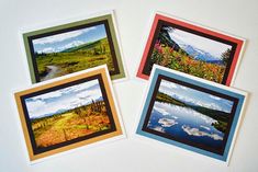 four pictures of water and trees are on the white surface, each with different colors