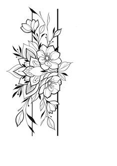 a black and white drawing of flowers on the side of a tall column with vertical lines