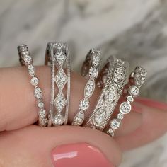 Featured here is beautiful Tiffany style eternity band with 0.54 carats of diamonds. The diamonds are G-H in color, Si1-Si2 in clarity and ideal in cut. This means that the stones are colorless, without visible imperfections, and sparkly beautifully! This classy band can be used as a wedding band or a right hand ring for many years to come. These bezel set stones go all the way around this band, which is 2.75mm wide. The ring size is 6.5 but is resizable. There is 2 ring size increment required Anniversary Rings For Her 10 Year, Anniversary Rings 25th, 10 Year Anniversary Ring, Diamond Wedding Bands Stackable, Platinum Diamond Wedding Band, Vintage Diamond Wedding Bands, Round Diamonds Wedding Band, Round Wedding Band, Stunning Diamond Rings