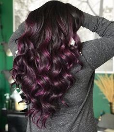 Color In Dark Hair, Blackberry Highlights On Dark Hair, Dark Purple Balayage Brunettes, Dark Hair Color Ideas For Spring, Fun Dark Hair Color Ideas, Dark Hair With Purple Highlights, Dark Hair Purple Highlights, Deep Purple Highlights, Dark Ombre Hair Color