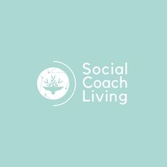 the social coach living logo is shown on a light blue background with white letters and an image of a potted plant