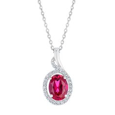 Crafted from sterling silver, this created gemstone pendant adds a chic pop of color to any outfit. An oval cut created ruby takes center stage with accenting created white sapphires adding a sophisticated design element to the piece. The pendant measures 12mm in length and 9mm in width and hangs from an 18inch cable chain. Silver Necklace With Gemstone And Lab-created Ruby, White Gold Necklace With Lab-created Ruby Gemstone, Silver Necklace With Lab-created Ruby Gemstone, Elegant Silver Necklace With Lab-created Ruby, Elegant Necklace With Diamond Accents And Lab-created Ruby, Jewelry Education, Sterling Silver Necklace Pendants, Sophisticated Design, Center Stage