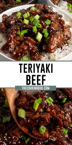 teriyaki beef in a bowl with rice and green onions