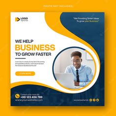 a yellow and blue business flyer with a man on a laptop in front of him