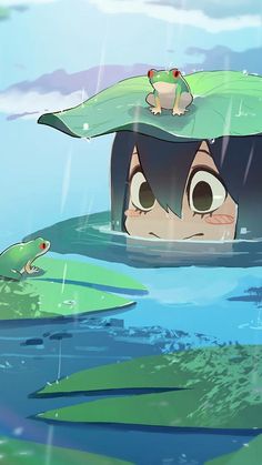 a girl with a frog on her head is floating in the water while another frog looks on