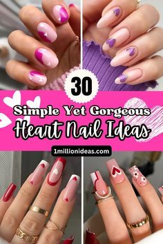 Heart Nail Ideas, Valentines Nail Art, Valentines Nail Art Designs, Deep Red Nails, Bright Pink Nails, Pink French Nails, Valentines Nail, S Nails, Heart Nail Designs