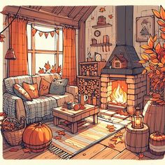 a living room filled with furniture and a fire place next to a wooden burning fireplace