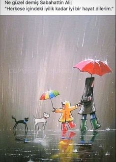 a painting of people walking in the rain with umbrellas over their heads and dogs behind them