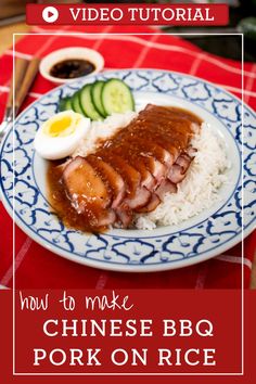 chinese bbq pork on rice with an egg and cucumber