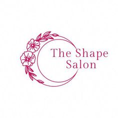 the shape salon logo with flowers and leaves on it's side, in pink