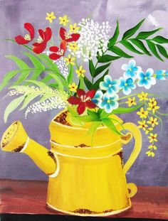 a painting of flowers in a yellow watering can