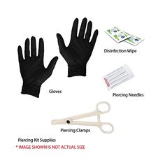 black gloves, scissors and cleaning wipes on a white background with instructions for disinfection