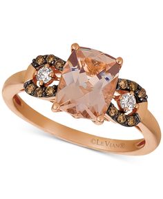 The unmistakable blush of a cushion-shape Peach Morganite is beautifully enhanced with round-shape Chocolate and Vanilla diamonds in this Le Vian ring set in luxurious rose gold. Wed Rings, Levian Rings, Chocolate Diamond Ring, 14k Rose Gold Jewelry, Levian Jewelry, Chocolate Diamond, Peach Morganite, Rose Gold Morganite, Chocolate Diamonds