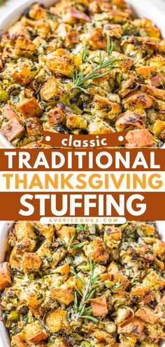 traditional thanksgiving stuffing in a casserole dish with text overlay