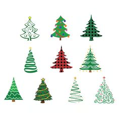 christmas trees are arranged in different colors and sizes on a white background with the words merry written