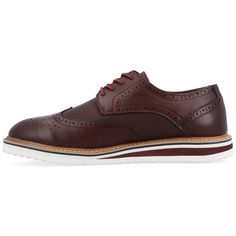 A dress shoe that combines high-style with all-day comfort, the Warrick by Vance Co. A wingtip accent and a contrasting textured design enhanced with brogue details tops this lace-up derby. Smooth vegan leather, a lightweight EVA outsole, and a 4 mm memory foam footbed provide superior support. Casual Dress Shoes With Perforated Toe For Workwear, Casual Lace-up Oxfords For Semi-formal Events, Casual Lace-up Oxfords For Semi-formal Occasions, Casual Wingtip Dress Shoes For Work, Casual Fitted Dress Shoes With Brogue Detailing, Casual Lace-up Dress Shoes For Semi-formal Occasions, Casual Oxfords For Semi-formal Spring Occasions, Casual Semi-formal Oxfords For Spring, Derby Dress