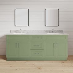 a bathroom with two sinks and mirrors on the wall next to each other in front of a wooden floor