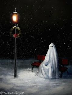 a painting of a ghost sitting on a bench next to a street light in the snow