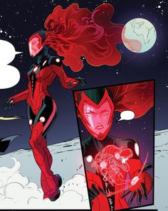 an image of a woman with red hair in the sky and another comic character behind her