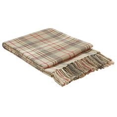 a plaid blanket with fringes on the bottom and one in grey, red and white