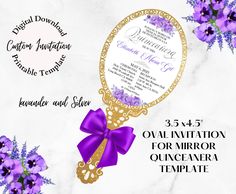 purple and gold wedding stationery with flowers in the background, including an ornate mirror