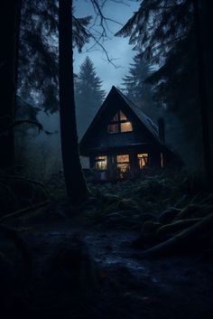 a cabin in the woods at night with lights shining on it's windows and trees