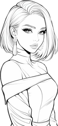 a black and white drawing of a woman with short hair