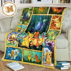 a blanket with many pictures of pikachu and other pokemon characters on it in front of a couch