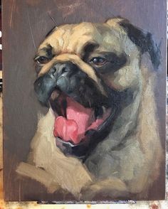 a painting of a pug with its tongue out and it's mouth open