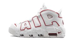 Nike Air More Uptempo '96 France QS sneakers in white and red.   Part of the 'International' pack, this 1990's classic touches down in Paris and pays homage to our cultural friends with an embroidered French shape design to the heel.   These white leather Air More Uptempo '96 feature a signature Nike swoosh and a front lace up fastening. Nike Air More Uptempo 96, Nike Shox Shoes, Buy Nike Shoes, Nike Air More Uptempo, Nike Air More, Retro Basketball Shoes, Fashion Suits For Men, Nike Shox, Stadium Goods