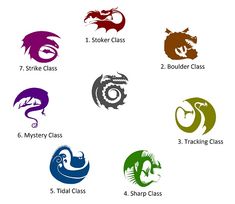 six different types of dragon logos with the names in each one, and four other colors