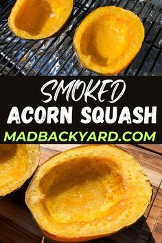 baked acorn squash on the grill with text overlay