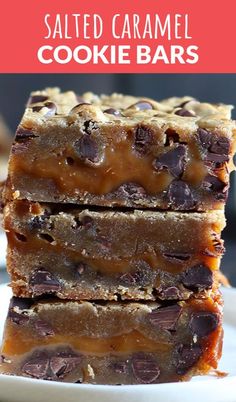 salted caramel cookie bars stacked on top of each other with text overlay