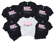 Fully customisable "Future Mrs." bachelorettes and hens group t-shirt for your whole "I do crew"! The perfect group shirt for your bachelorette party or weekend away with the girls. Surprise the bride with a beautiful and personalised group t-shirt for your bachelorette party or trip away before her big day.  These shirts are Instagram-ready, so be sure to get some snaps that you'll all treasure forever. Important instructions on how to order: - Please add all shirts to cart separately and select sizes and personalisation as required. - Personalisable on white shirt (bride's special shirt): Bride's new married name and wedding date (please see images for examples). - Personalisable on black shirts (rest of bachelorette/hens group): Bride's new married name and wedding date, additional phra Cotton Short Sleeve Tops For Hen Party, Fitted Pink T-shirt For Hen Party, Pink Fitted T-shirt For Hen Party, Cotton Crew Neck T-shirt For Hen Party, Fitted Letter Print T-shirt For Hen Party, Fitted Short Sleeve T-shirt For Hen Party, Customizable Short Sleeve T-shirt For Bachelorette Party, Customizable Crew Neck Tops For Bachelorette Party, Black Short Sleeve T-shirt For Bachelorette Party