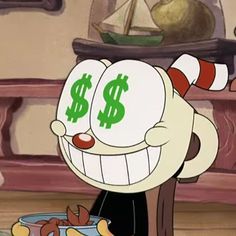 a cartoon character with a dollar sign on his face sitting in front of a bowl