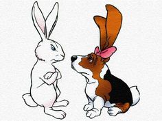 a drawing of a dog and a rabbit sitting next to each other on a white background