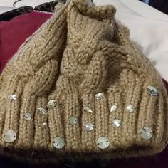 A Joan Boyce Tan Rhinestone Hat That A Ponytail Can Come Out The Top.. The Top Of The Hat Has 2 Balls That Can Loosen The Top Area Fir A Ponytail Rhinestone Hat, A Ponytail, Drawstring Top, Knitted Hats, The Top, Accessories Hats, Women Accessories, Knitting, Hats